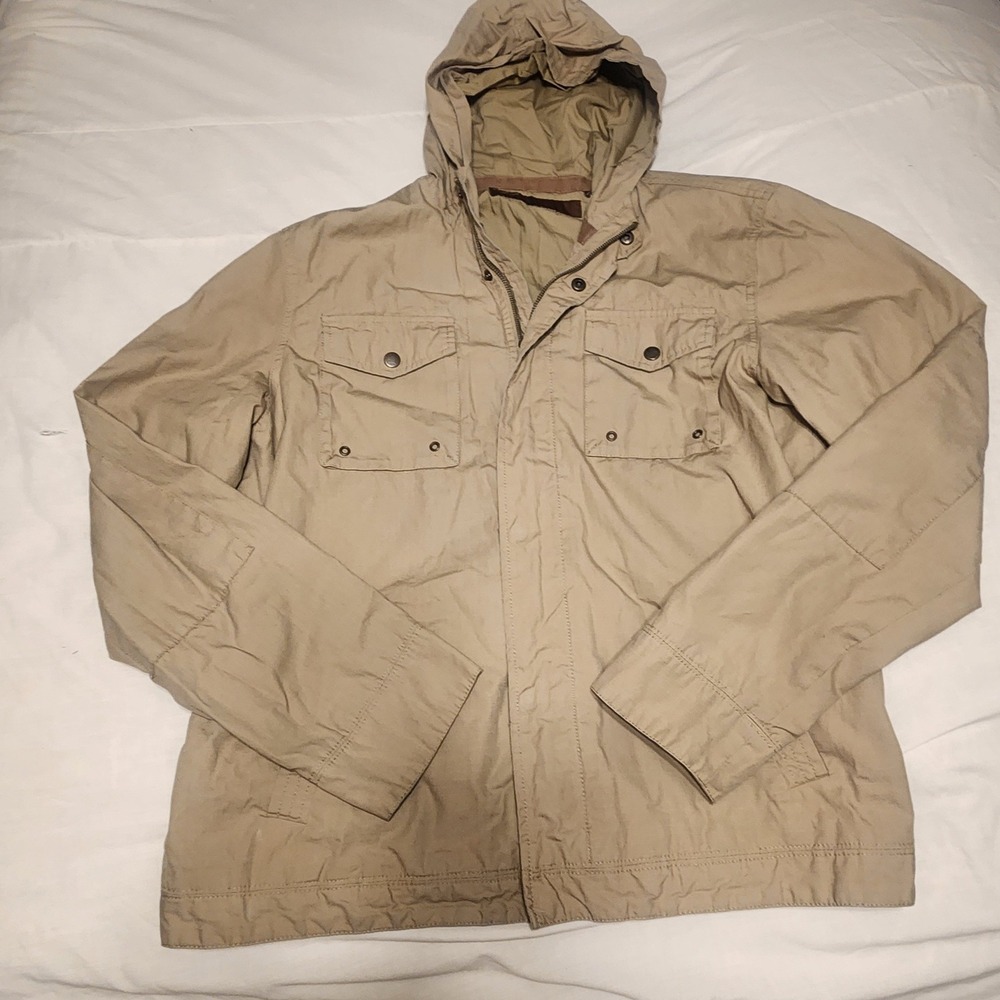 Rugged Wear Men Large Khaki Tan Cotton Ripstop Hooded Utility Field Jacket